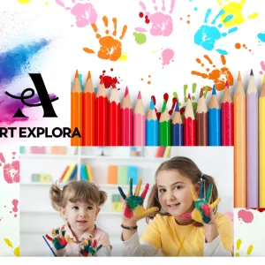 Photo Collage of young children surrounded by art materials with the Art Explorer logo