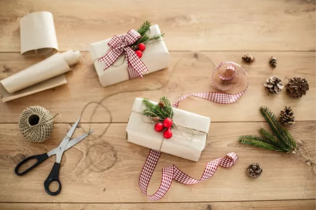 Christmas gifts with brown wrapping paper