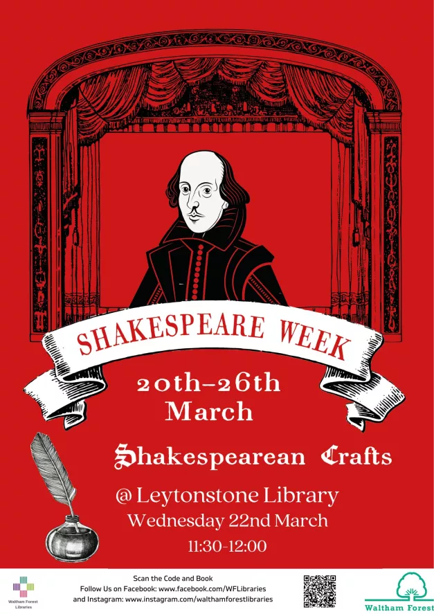 Shakespeare's head and shoulders with text stating the date and time of the craft event, Wednesday the 22nd of March at eleven thirty