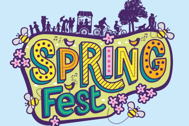 Drawn illustration of springfest logo, including flowers, bees, birds singing, with cyclists, trees and stalls at the top of the image. The colours are blue, pink, green, yellow and orange - all very spring-like. 