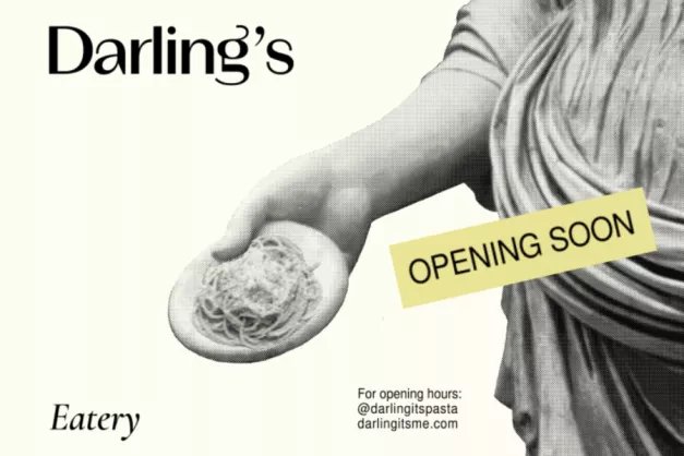 Image of Darling's cafe logo with a bowl of spaghetti and an opening soon sign 
