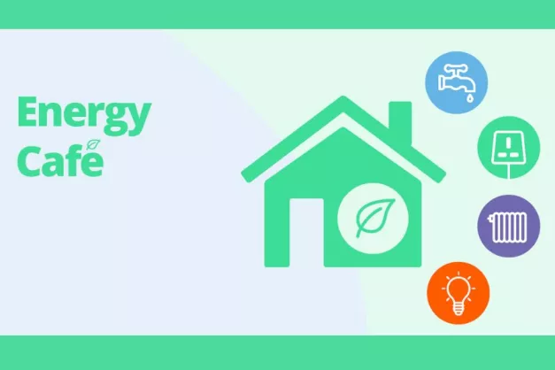 Energy cafe promo image with title 'energy cafe' on the left, and image of a house with icons in circles around it. 