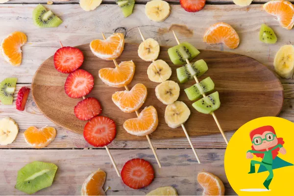Fruit kebabs made from colourful pieces of fruit.