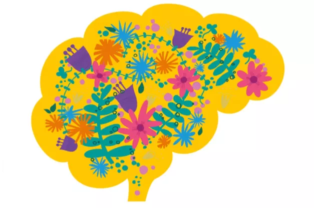 An image of a Brain with flowers and trees covering it  
