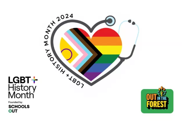 Image with LGBT+ History Month logos and Out in the Forest logo