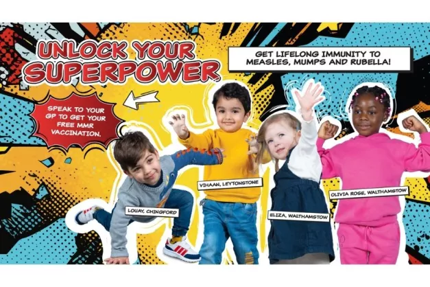 Four young children in different superhero poses, on a comic-book-style background with the text: "Unlock your superpower" in big bold red, a white box on the side with the text "Get lifelong immunity to measles, mumps and rubella" and a red exclamation box highlighted by a white arrow with the text "Speak to your GP to get your free MMR vaccination."