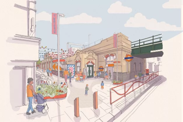 St James Quarter artistic interpretation of what it could look like. St James Street station with people walking next to the arches which are open with cafes and businesses