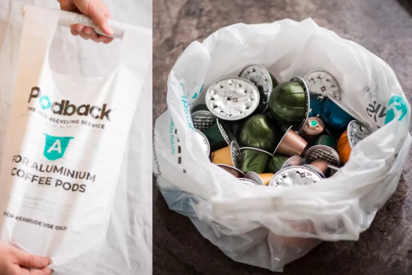 Aluminium coffee pods in a recycling bag