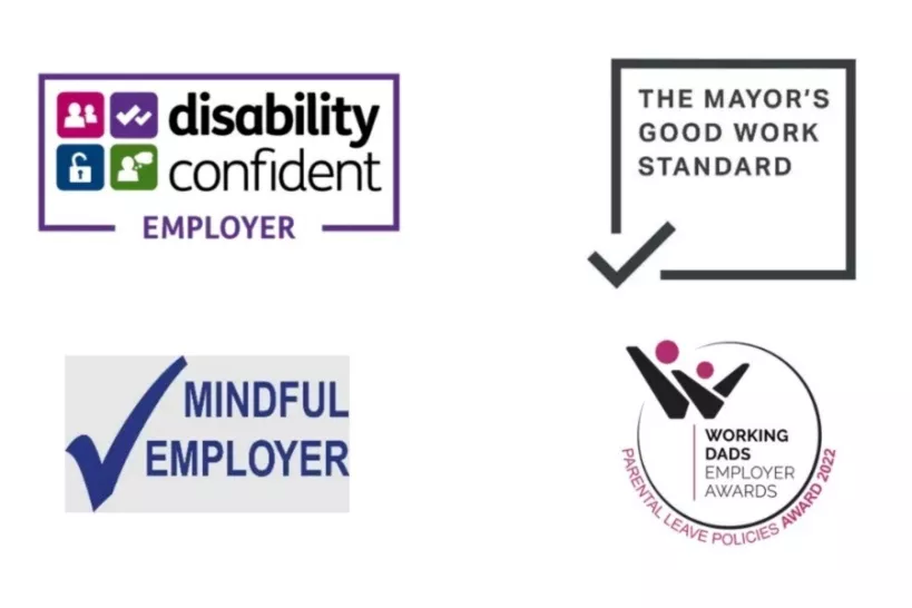 Disability confident logo, the mayor's good work standard logo, mindful employer logo, working dads employer award logo