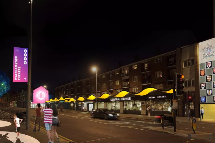 Hoe Street, Walthamstow. A computer generated image of the new lighting on Hoe Street.