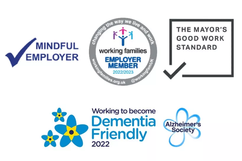 picture of logos: mindful employer logo, working families employer member 2023 logo, the mayors good work standard logo, working to become dementia friendly 2022 logo 