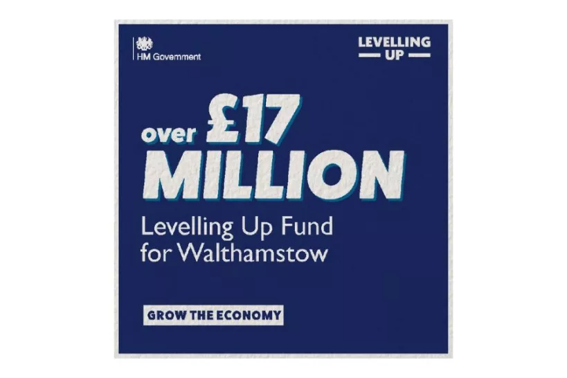 An infographic that reads: Over £17million Levelling Up Fund for Walthamstow. Grow the economy. On the top left is the HM Government logo and on the right is the Levelling Up logo.