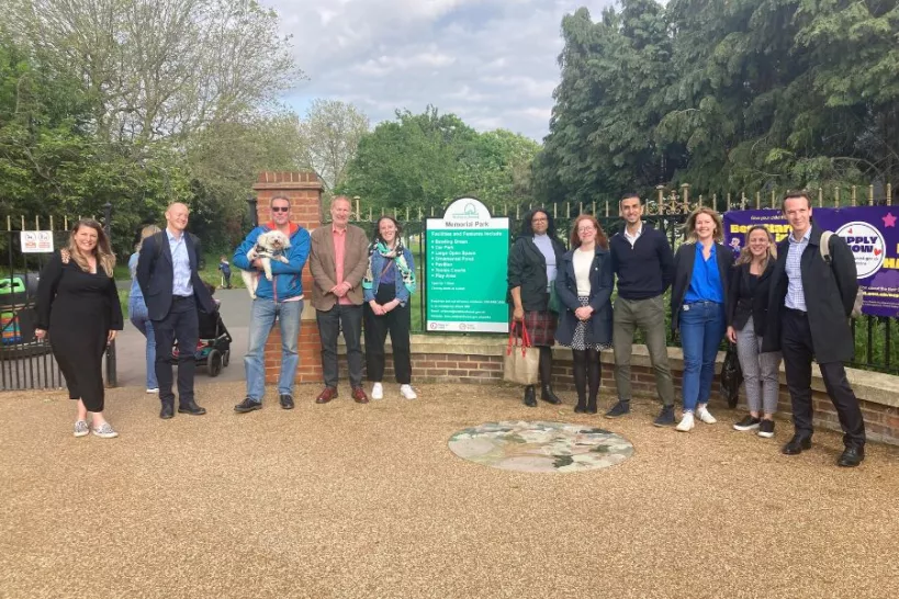 Councillors and Council officers outside Memorial Park at Chingford Mount. Nicola Murphy, Area Regeneration Project Manager, Ian Rae, Corporate Director Regeneration, Planning & Delivery, Cllr. J. Moss, Cllr. T. Bell, Cllr. R. Dore, Cllr. E Baptiste, Cllr. C. Saumarez, Cllr. A. Khan, Fay Cannings, Town Centre Lead (North), Silvia Amoros, Deputy Head Area Regeneration (North), Will Teasdale, Director Area Regeneration Delivery.