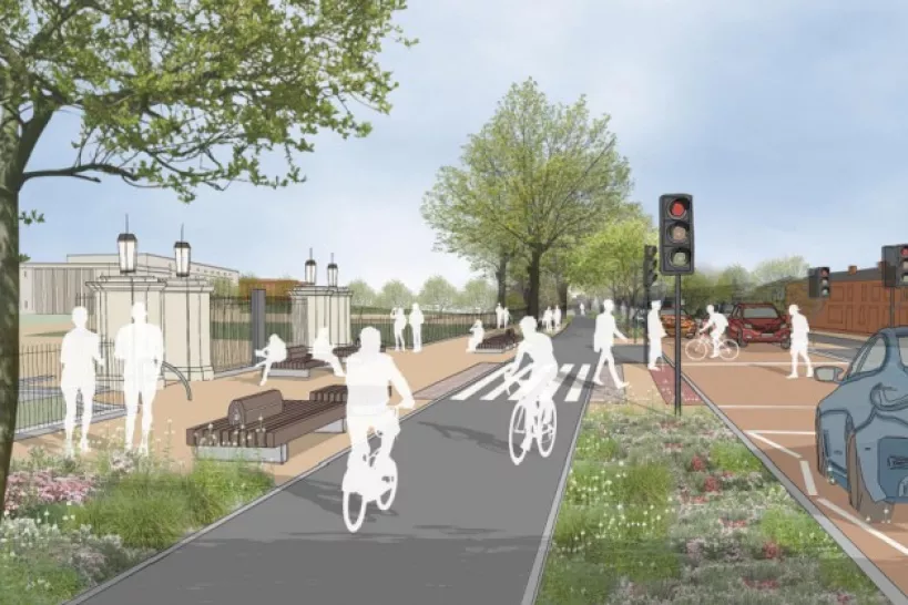 Automated Image of Forest Road with cycle path and white block image of pedestrians and cyclists on the path.
