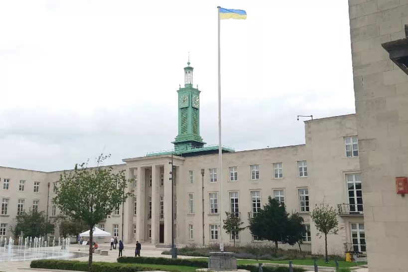 Waltham Forest Town Hall on Ukraine Independence Day 2023 featuring the Ukrainian flag flying from the flagpole