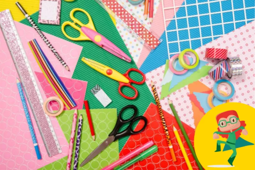 Craft items; such as scissors, tape, paper and pens.