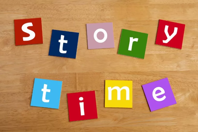 colourful tiles that say story time