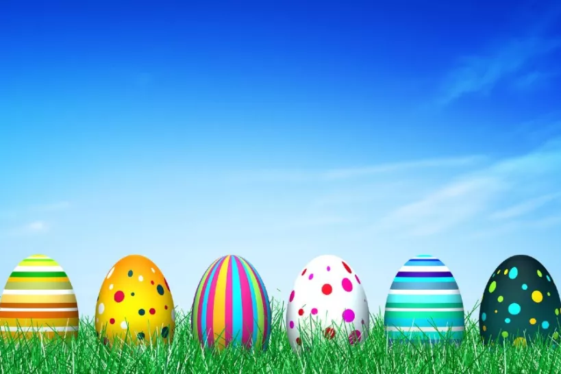 picture of Easter eggs on grass with the blue sky in the background 
