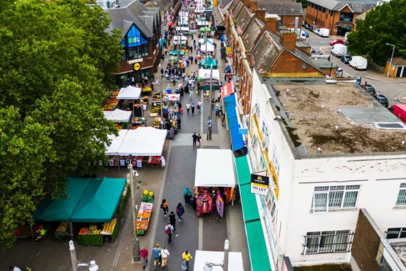 A drone image of Walthamstow market 