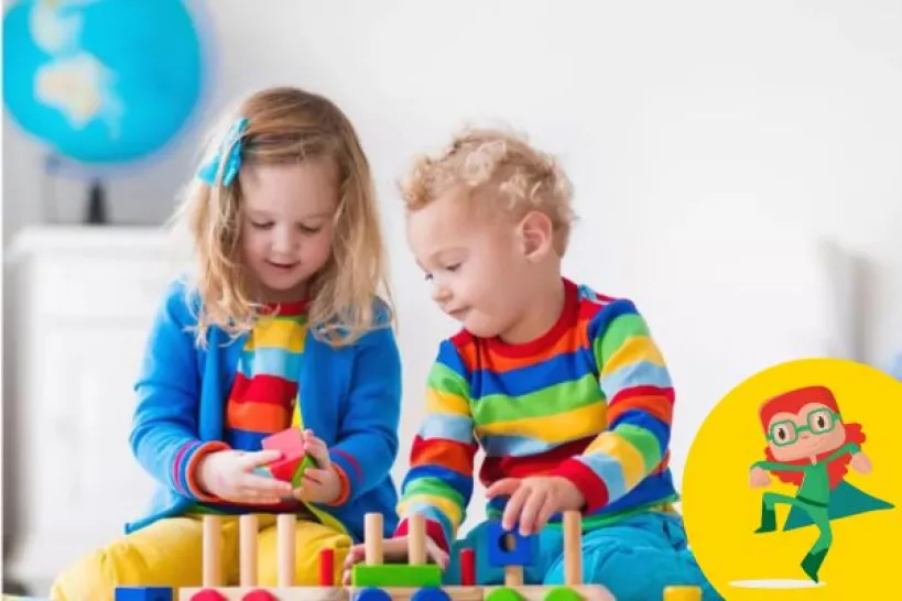 Children are playing with wooden toys