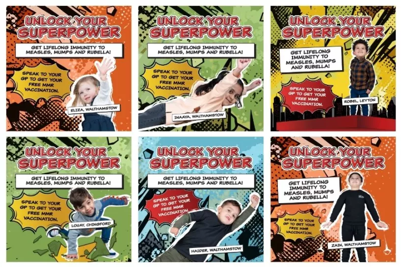 Six different square social media assets all featuring a different young child in a superhero pose, on a comic-book-style background. Each asset has text on it, including "Unlock your superpower" in big bold red, a white box on the side with the text "Get lifelong immunity to measles, mumps and rubella" and an exclamation box highlighted by a white arrow with the text "Speak to your GP to get your free MMR vaccination." 