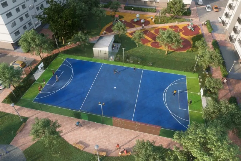 CGI of proposed Multi Use Games Areas (MUGA) and new play area surrounded by trees and green spaces 