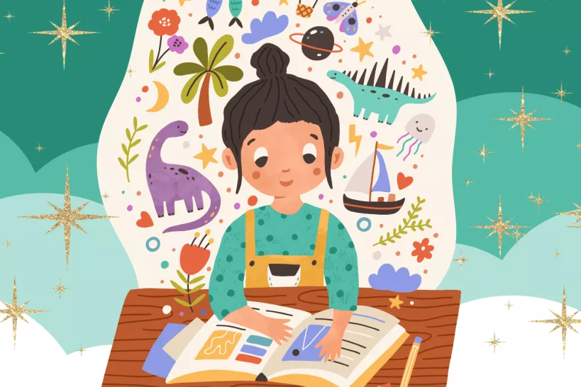 Colourful illustration of a girl reading surrounded by magical images