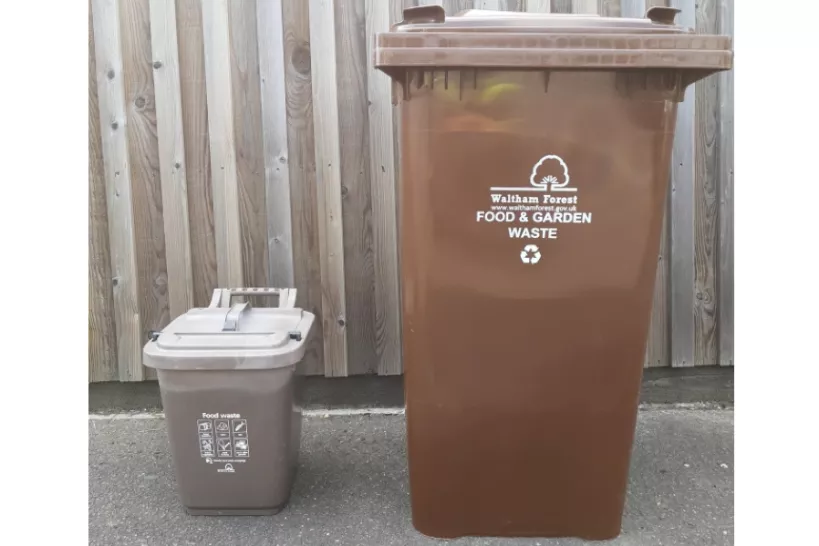 Outdoor food waste bin (left) and brown organic bin (right)