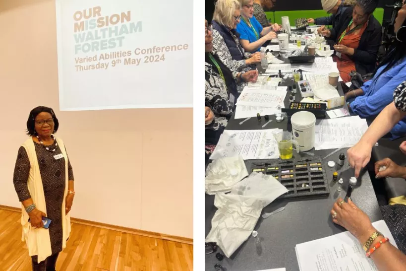 Split image - left hand side is an image of a lady standing in front of a presentation. Right side is residents doing mixing essential oils on a black table cloth.